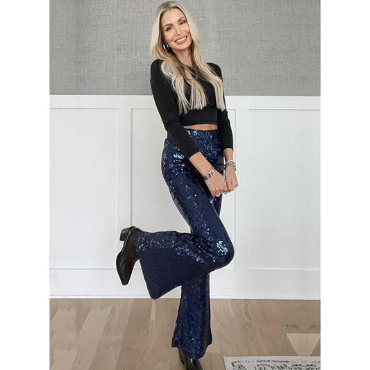EVALESS Women Shiny Sequin Bell Bottom High Waisted Wide Leg