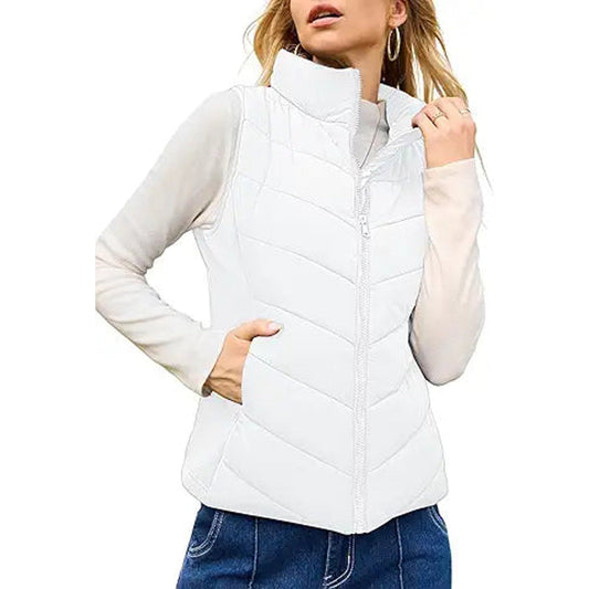 Dokotoo Puffer Jacket Womens Warm Stand Collar Winter Coats Casual Zip Quilted Vest Sleeve