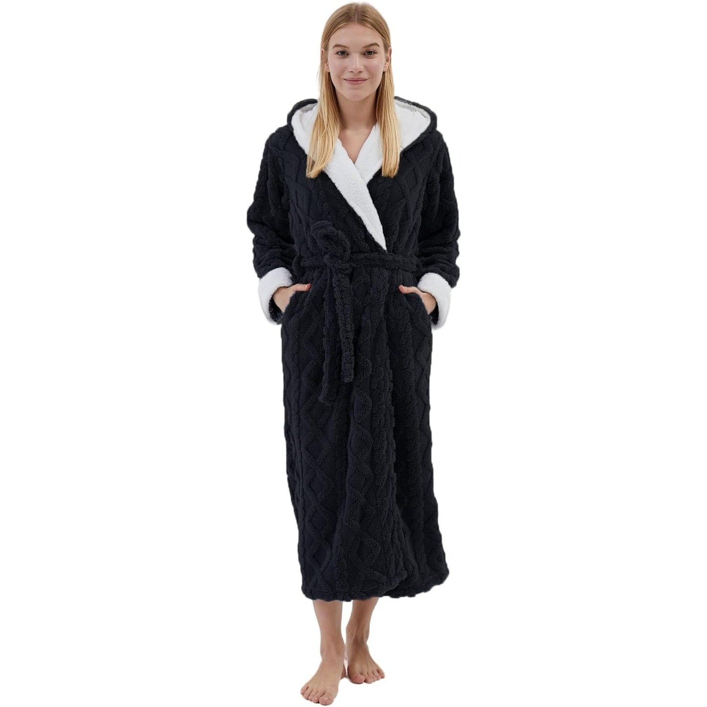Dowesrobe Women's fluffy hooded plush bathrobe Winter warm and soft ladies long bathrobe (