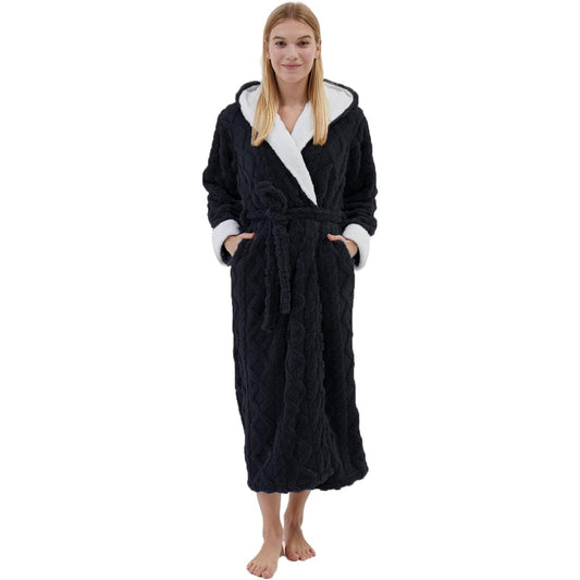 Dowesrobe Women's fluffy hooded plush bathrobe Winter warm and soft ladies long bathrobe (