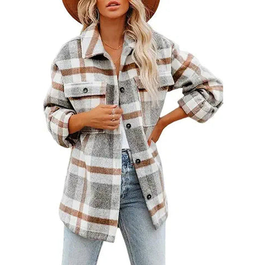 Beaully Women's Brushed Plaid Shirts Long Sleeve Flannel Lapel Button Down Pocketed Shacke