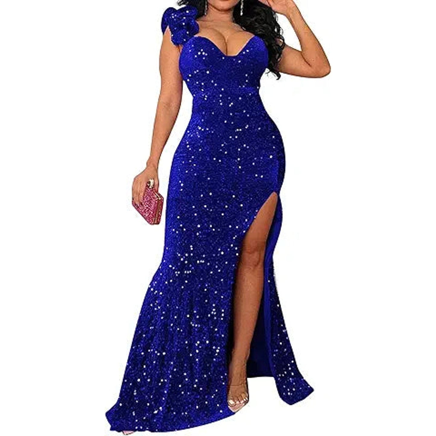 Cololura Women Sexy Elegant Sequin High Split Ruffled Hem Mermaid Party Cocktail Bodycon F