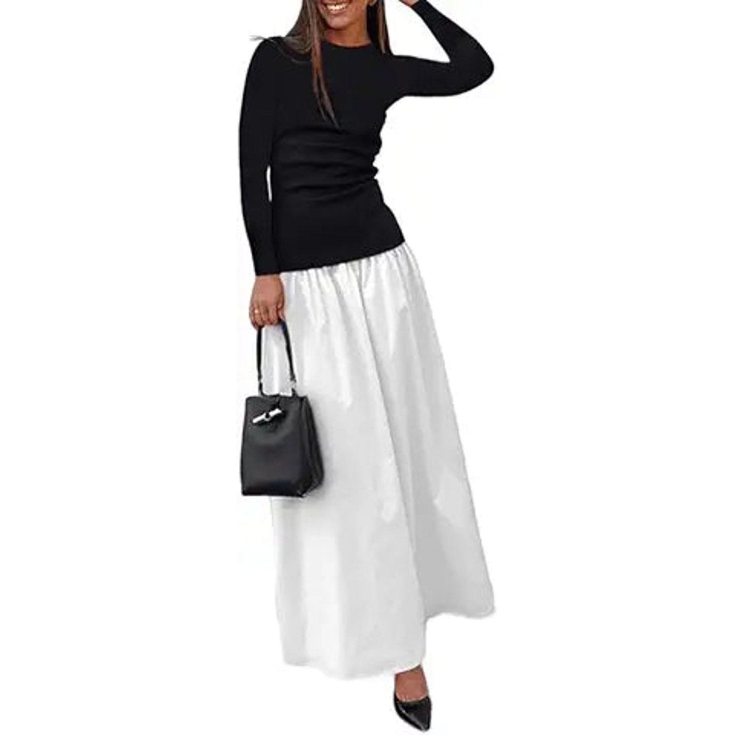 YOXUA Women's Long Sleeve Patchwork A-Line Long Maxi Dress Fall Winter Beach Maxi Dress Wh