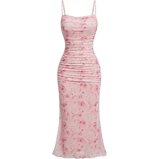 GORGLITTER Women's Floral Ruched Bodycon Midi Dress Mesh Sleeveless Fishtail Cami Dresses