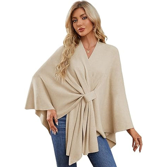 PULI Women's Elegant Shawl Wraps Soft Open Front Poncho Sweater for Spring Fall Winter tan
