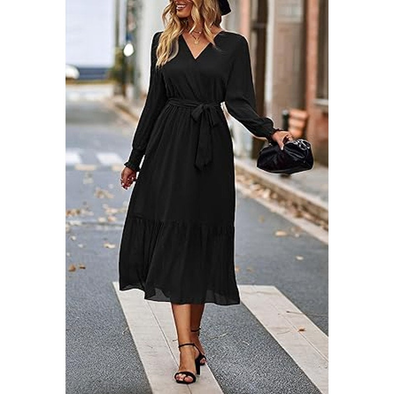 PRETTYGARDEN Women's Floral Print Boho Dress Long Sleeve Wrap V Neck Ruffle Belted A-Line