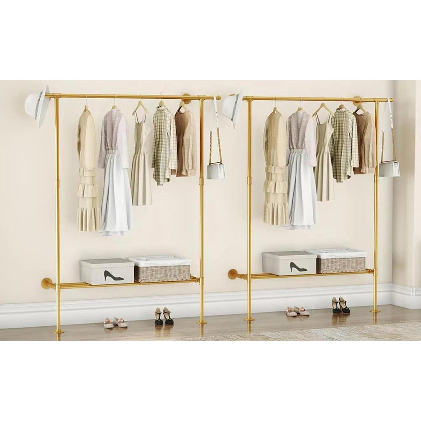 FJANKUI Gold Wall Mounted industrial pipe clothes rack with Shelf, clothing rack Rod for Closet and Walk-in Closet Systems, Multi-Purpose Sturdy Hanger for Hanging Clothes