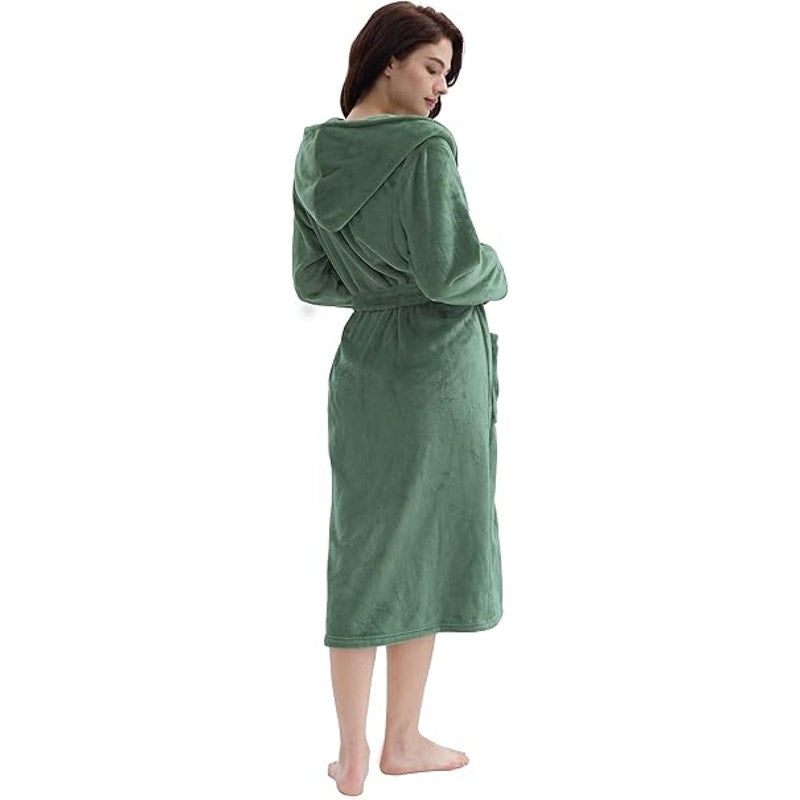 Amorbella Womens Fleece Winter Bathrobe Plush Long Robe Warm(Olive,Medium)