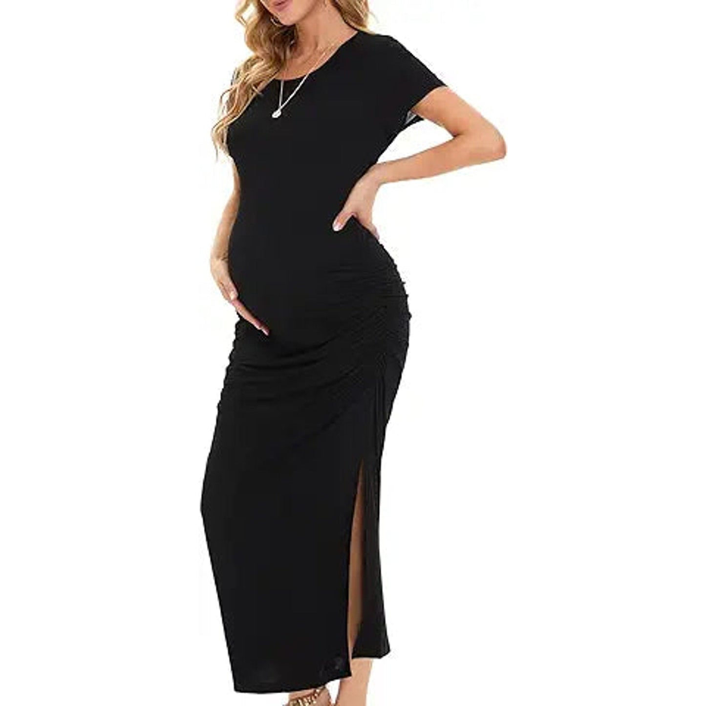 Smallshow Women's Split Long Maternity Dress Short Sleeve Ruched Pregnancy Clothes XX-Larg