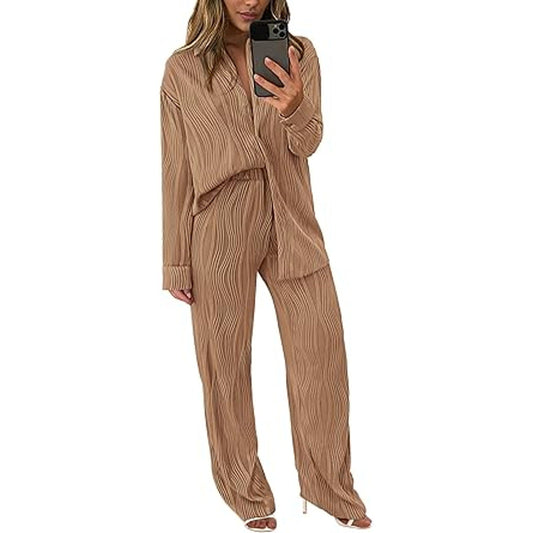 Women's 2 Piece Textured Sets Casual Button Down Shirt Wide Leg Pants Outfit