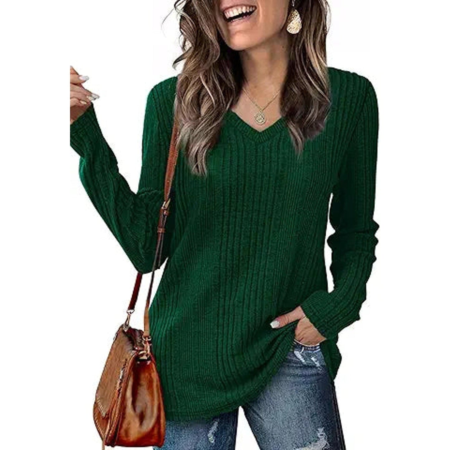 Saloogoe Green Sweaters Women Loose Fit V-Neck Long Sleeve Tops Ugly Christmas Shirts 2025