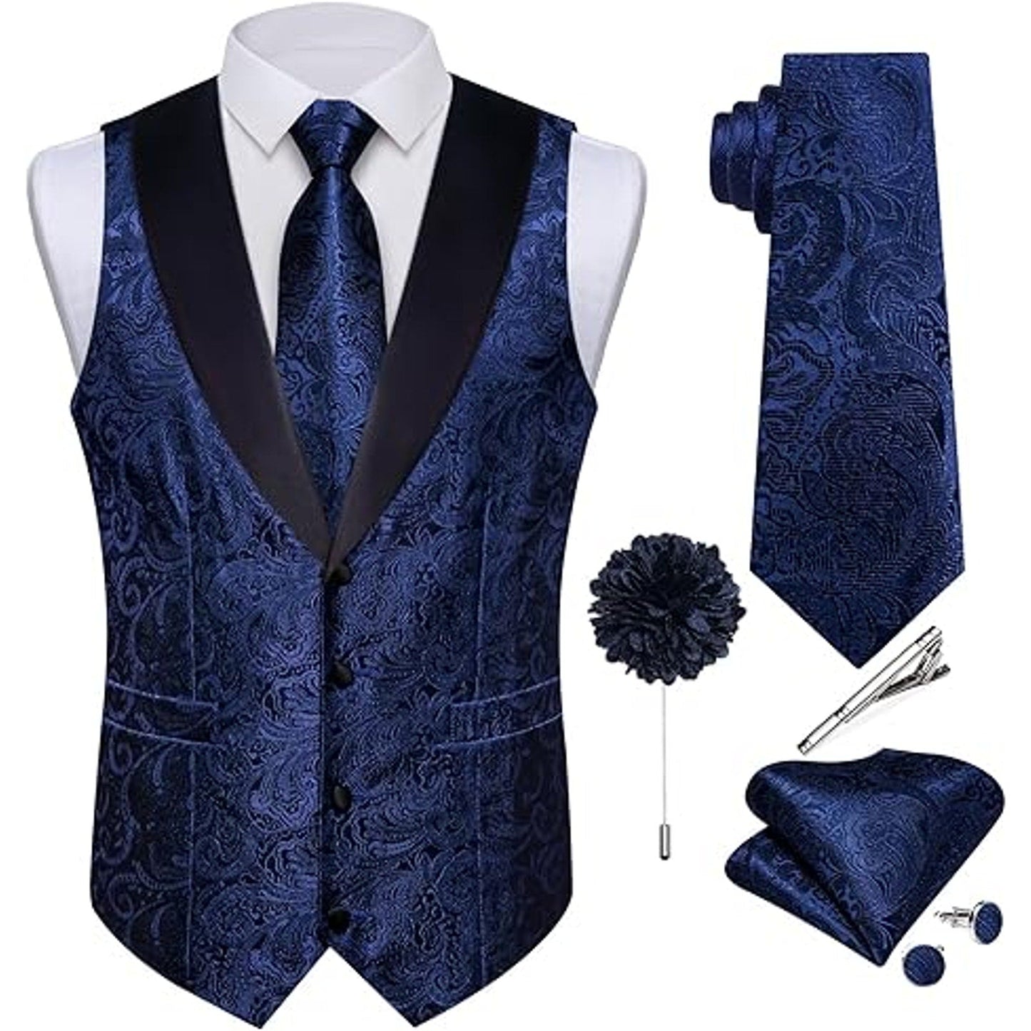 DiBanGu Mens Silk Vest and Tie Set 7PCS Paisley Suit Waistcoat and Necktie with Lapel Pin