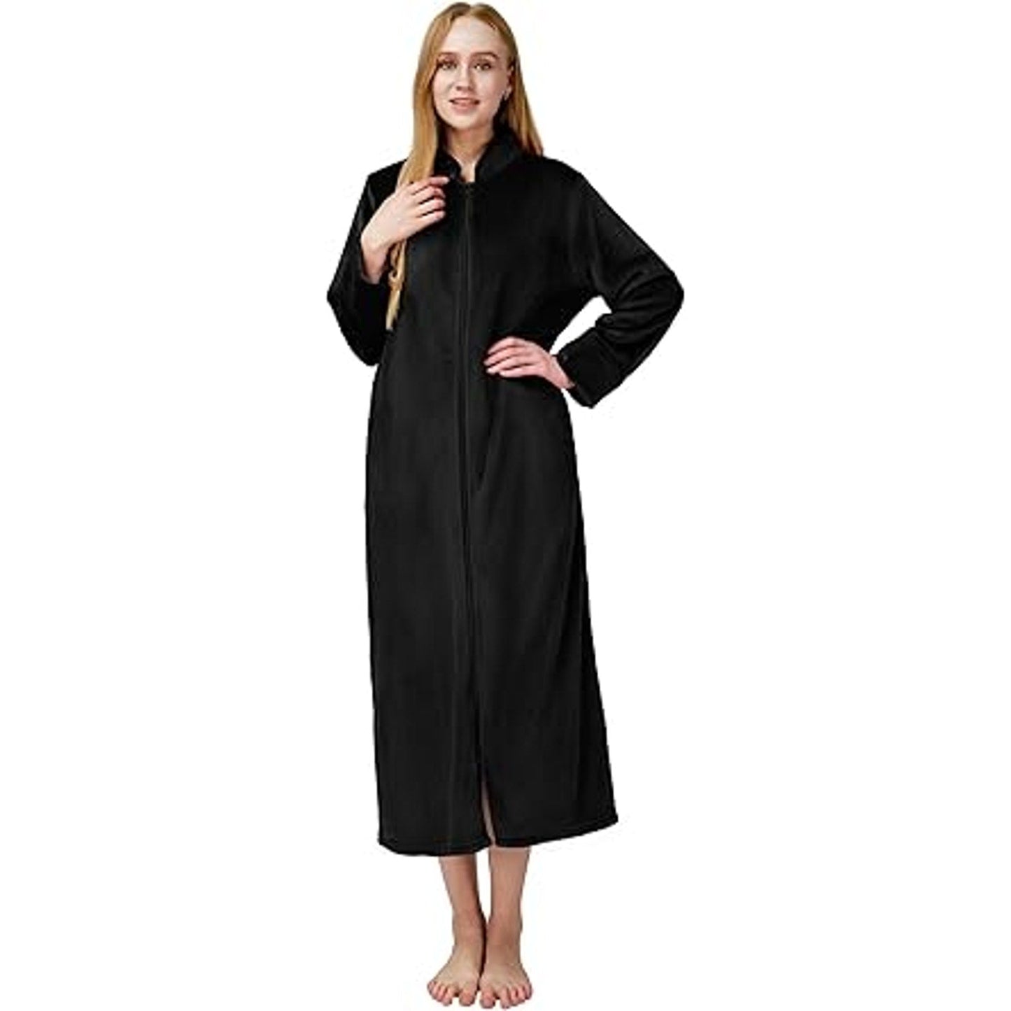 SIORO Plush Zipper Lounger Solid Robe Stand Collar Long Fleece Bath Robes Full Length Bath