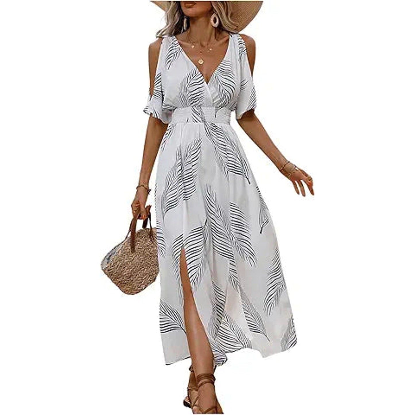 Verdusa Women's Summer Maxi Casual Dresses 2024 Cold Shoulder V Neck Short Sleeve Dress Bl