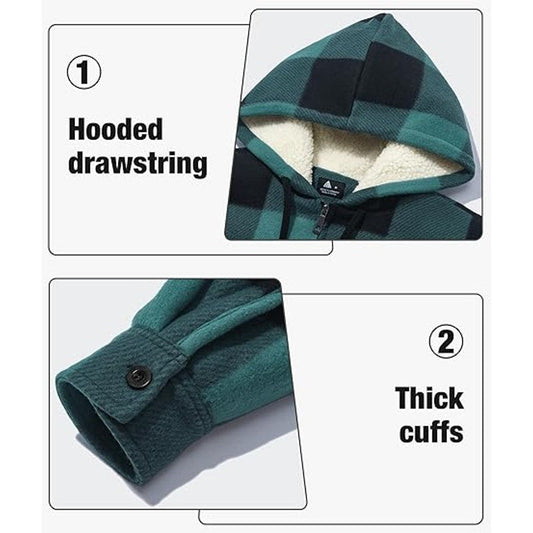 V VALANCH Mens Flannel Jacket with Hood Sherpa Lined Fleece Jacket Men Zip Up Plaid Hoodie