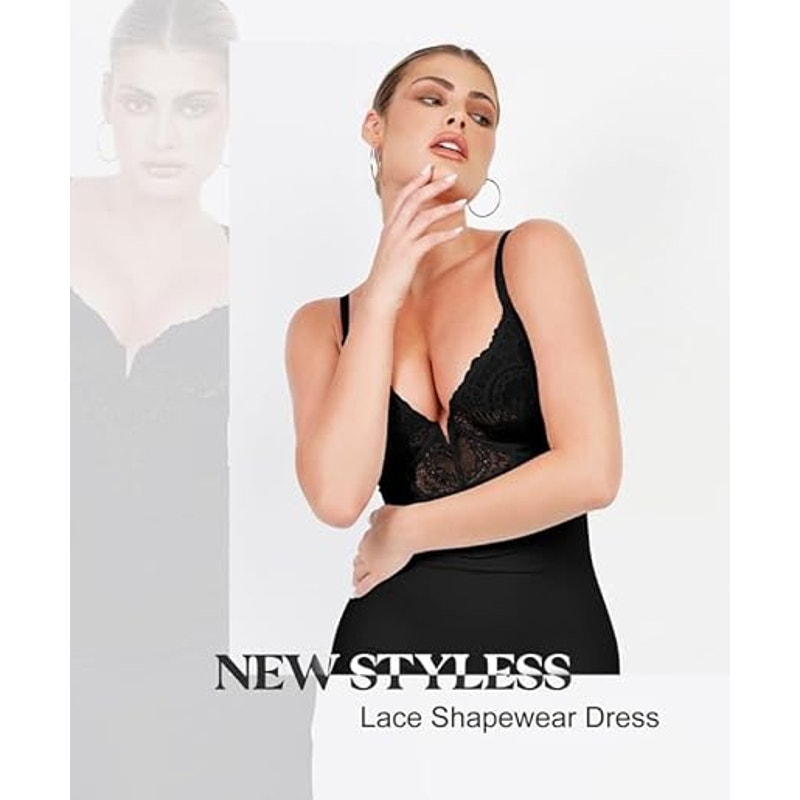 Popilush Shapewear Dress Deep-V Neck Lace Satin Drape Slip Split Bodycon Maxi