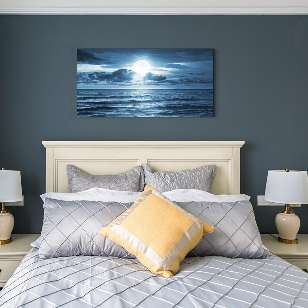 wall art for living room Decorations Photo Prints - blue sea view The moon Landscape - Modern Home Decor The room Stretched and Framed Ready to Hang artwork (Blue Ocean&Moon, 30x 60inch x 1pcs)