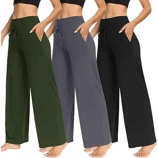 TNNZEET 3 Pack Women's Wide Leg Pants with Pockets - Casual Loose Yoga Trouser Pants Sweat