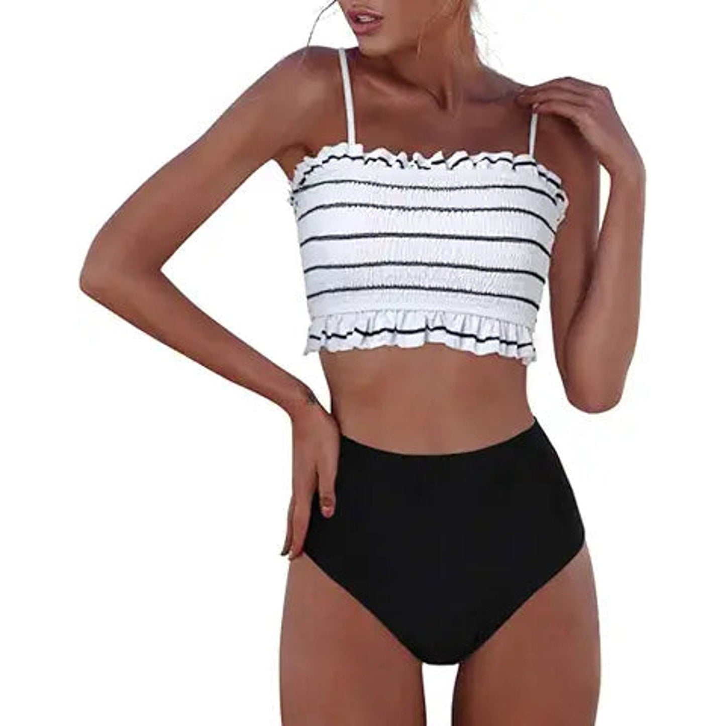 RXRXCOCO Womens Shirred Bandeau Bikini Cute Two Piece Swimsuit Off Shoulder High Waist Bat