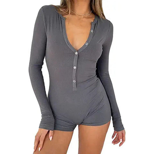 REVETRO Womens Long Sleeve Bodysuit Deep V Neck Shorts Shirts Unitard Jumpsuit One Piece G