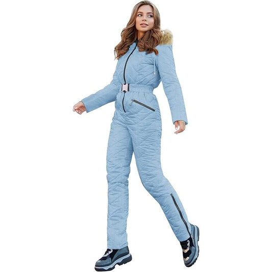Womens Winter Ski Suit One Piece Hooded Fur Collar Ski Jumpsuit Snowsuit Outdoor