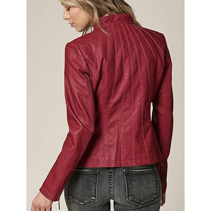 LL WJC877L Womens Panelled Faux Leather Moto Jacket S RED