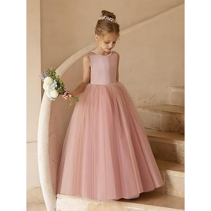 MCieloLuna Dusty Rose Ball Gown Tulle Flower Girl Dresses Bow-Knot Pearls Bridesmaid Weddi