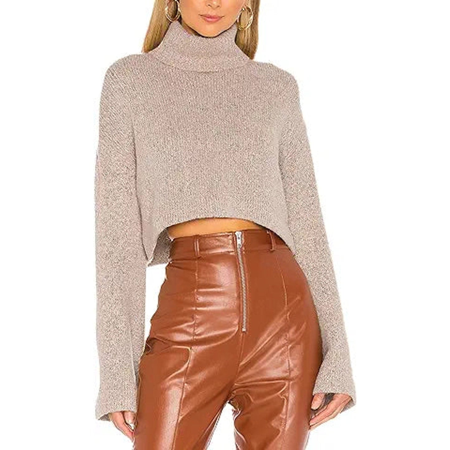 Jumppmile Women's Crop Sweater Turtleneck Long Sleeve Lightweight Soft Casual Fleece Cropp