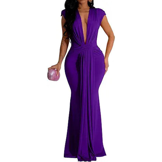 Memoriesea Women's Elegant Sleeveless Deep V Neck Bodycon Party Evening Gown Maxi Dress Pu