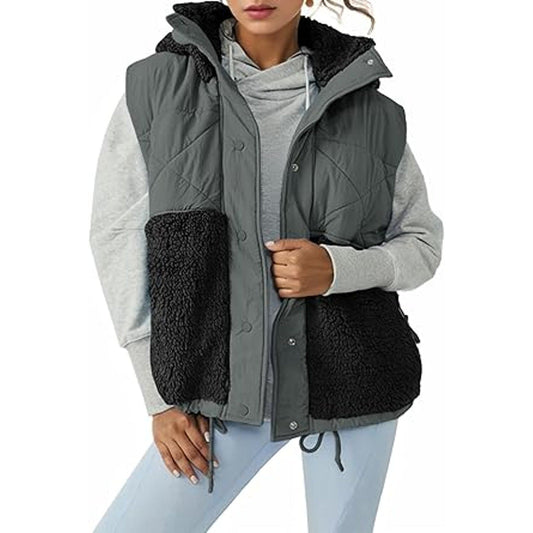 Imily Bela Women’s Winter Fleece Vest Stand Collar Button Down Casual Hooded Coat