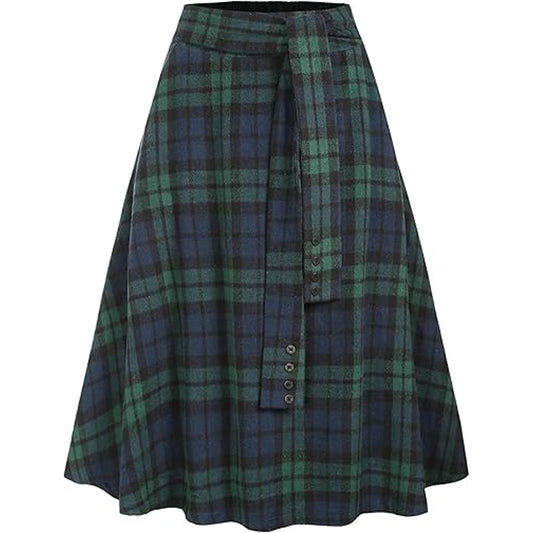 ZAFUL Women's Winter Skirt Plaid A-Line Pleated Midi Skirt High Elastic Waist Vintage Tart