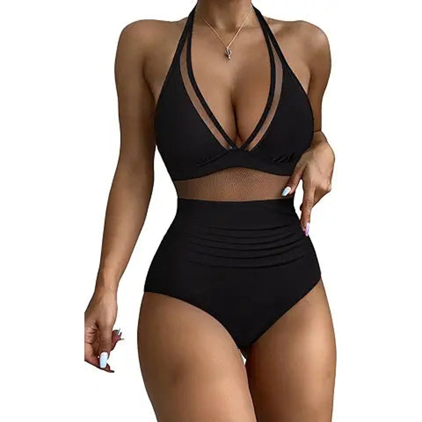 RXRXCOCO Women Sexy V Neck Mesh One Piece Bathing Suit Halter Push Up Tummy Control Swimsu