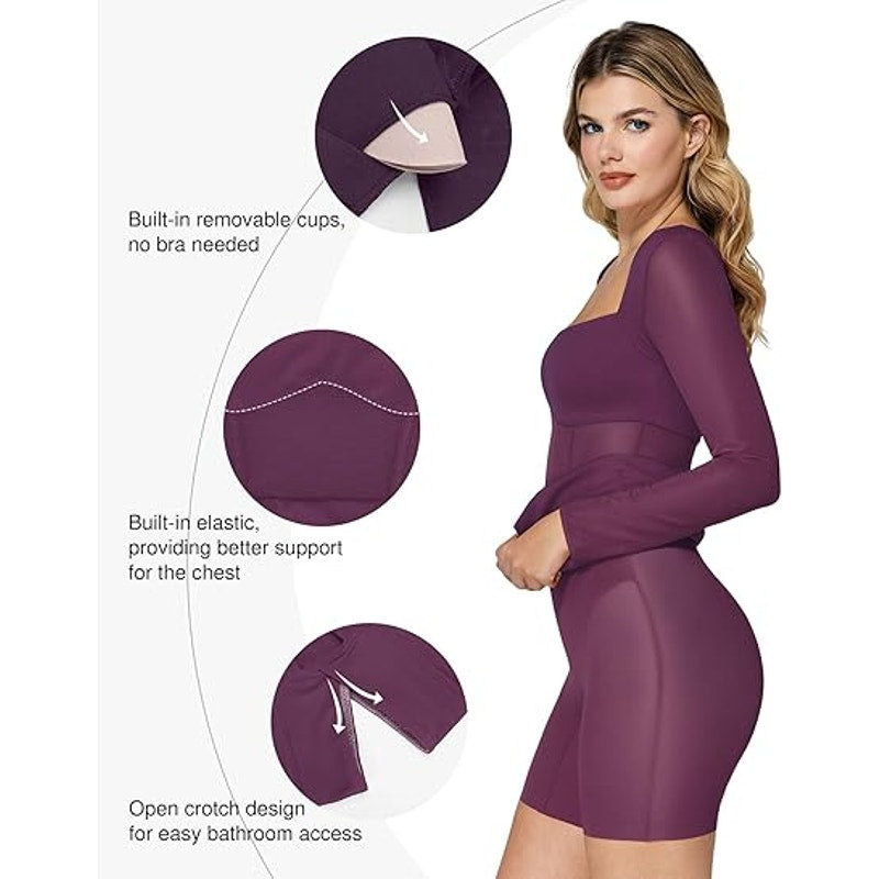 Popilush Long Sleeve Shapewear Dress Mesh Dress Built in Bra Corset for Women Tu