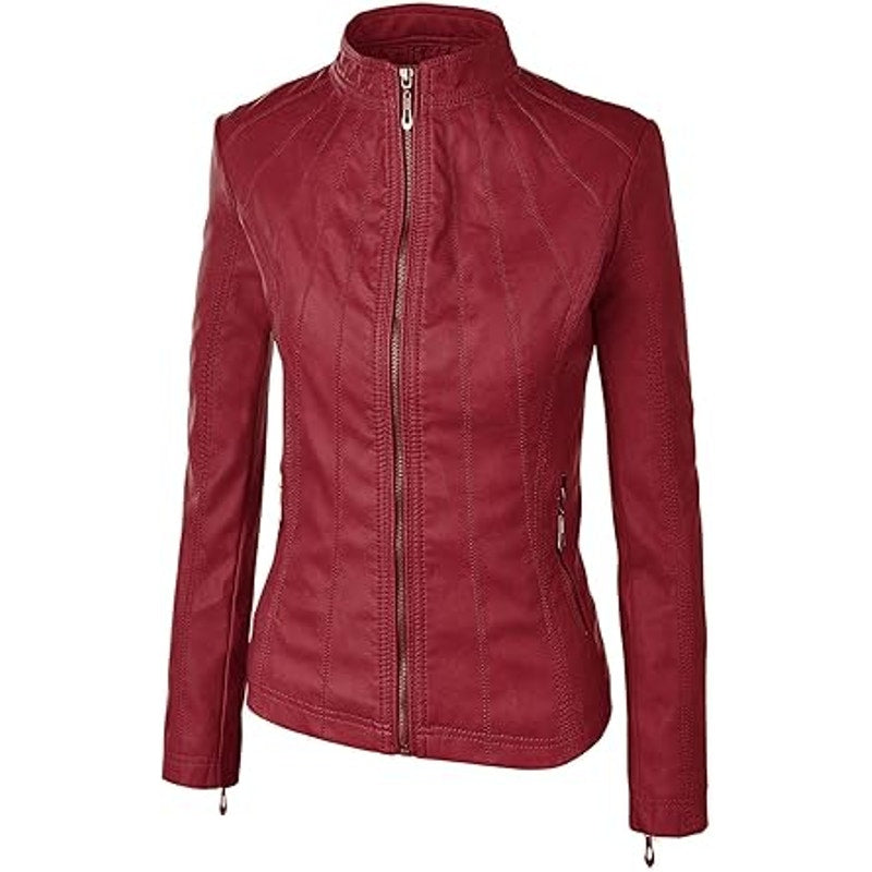 LL WJC877L Womens Panelled Faux Leather Moto Jacket S RED
