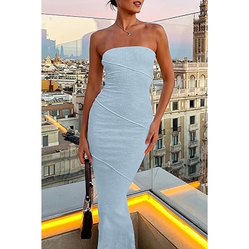 PRETTYGARDEN Women's Ribbed Maxi Bodycon Dress Summer Strapless Tube Y2K Party Club Long D