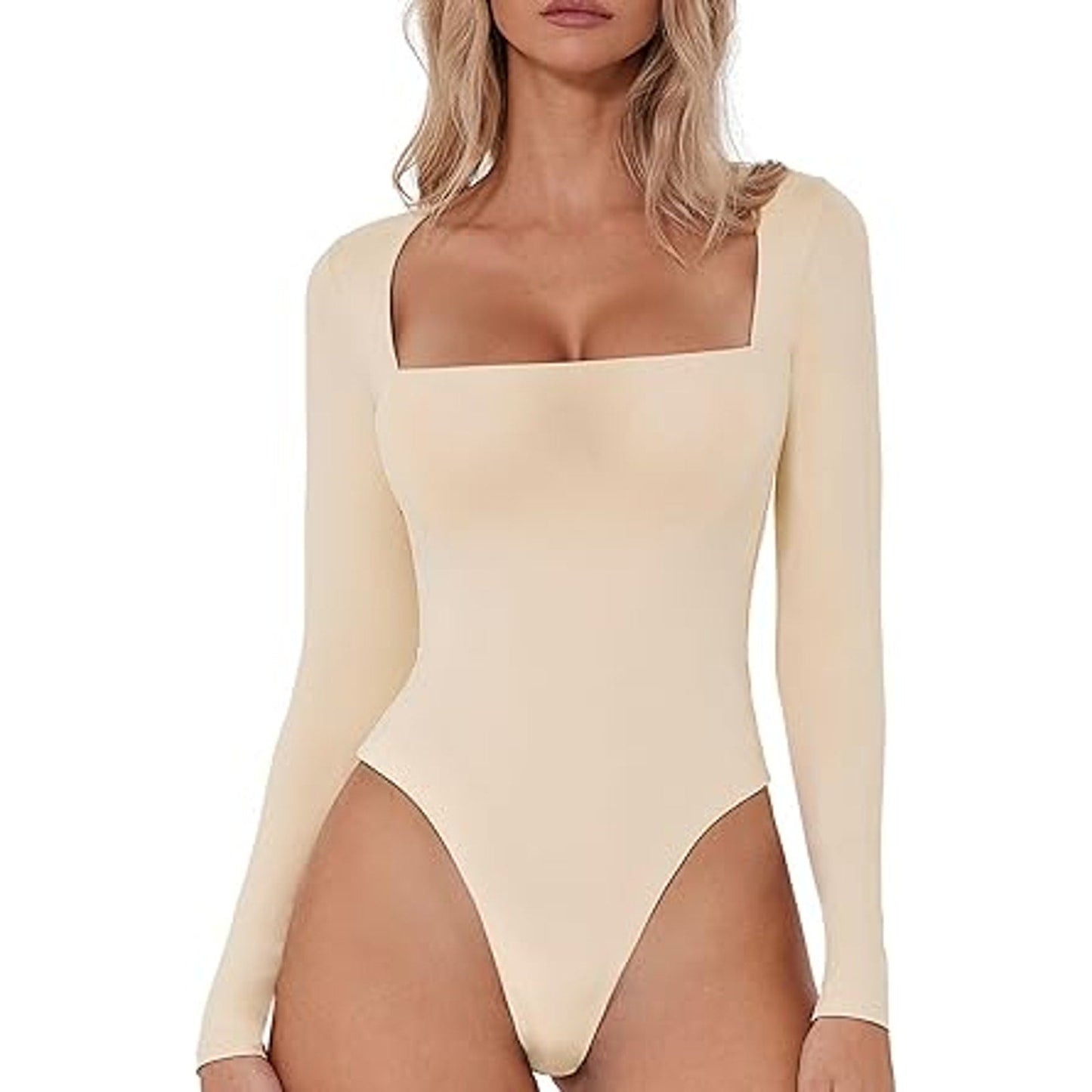 QINSEN Bodysuit Shirts for Women Square Neck Long Sleeve Shirt Double Lined Tops Marzipan