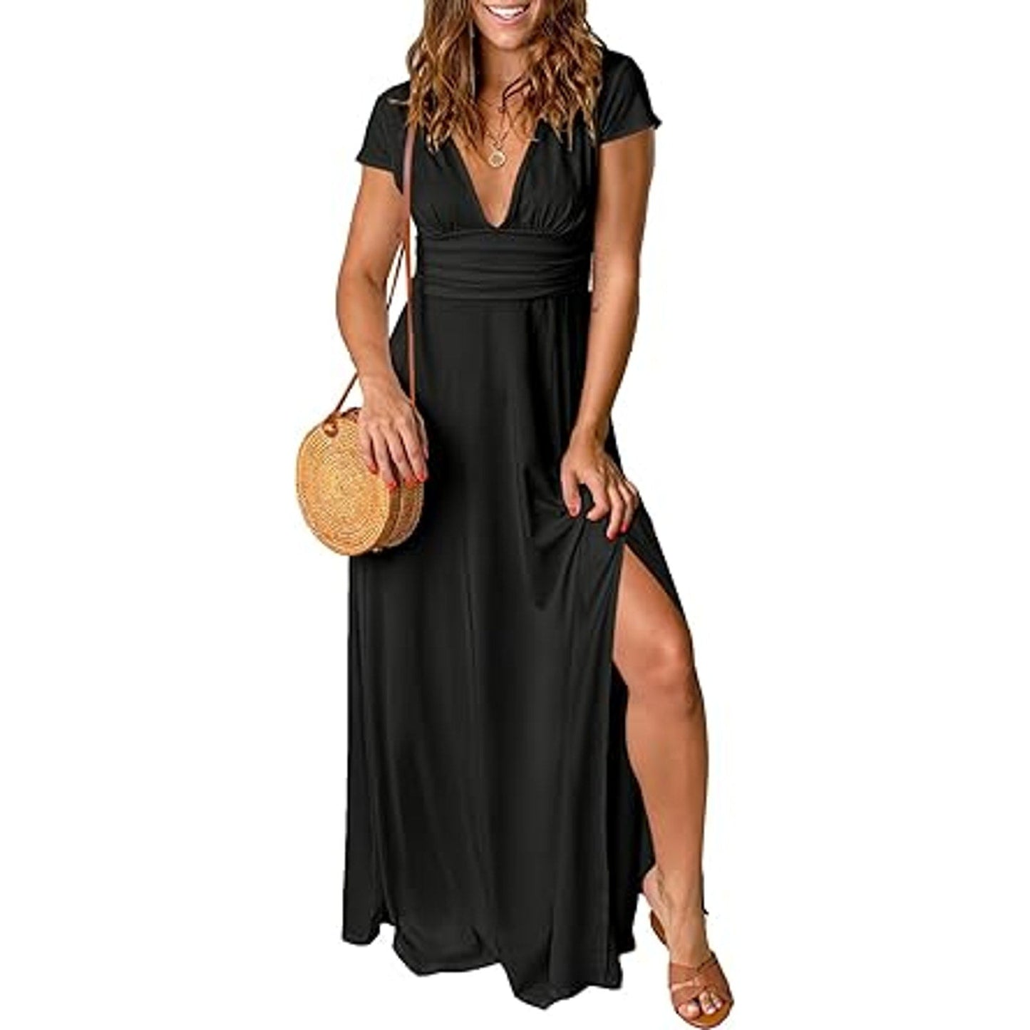 ANRABESS Women Summer Deep V Neck Short Sleeve Slit 2024 Elegant Formal Wedding Guest Cock