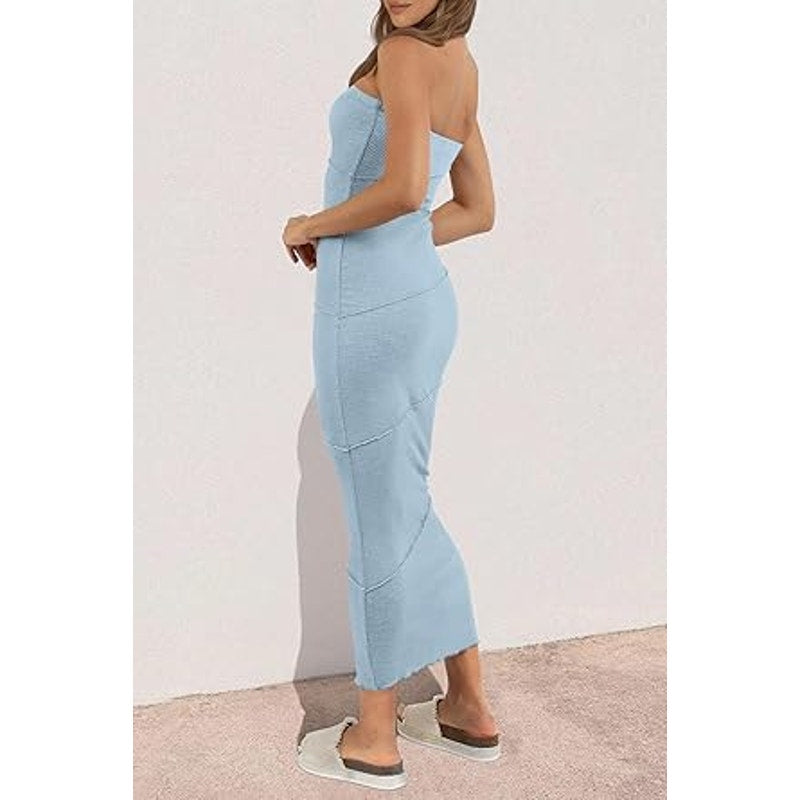 PRETTYGARDEN Women's Ribbed Maxi Bodycon Dress Summer Strapless Tube Y2K Party Club Long D