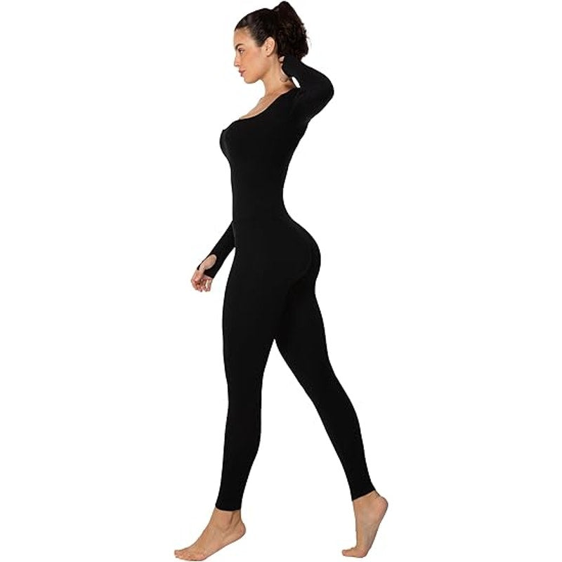 Sunzel Long Sleeve Bodysuits One Piece Jumpsuit for Women with Square Neck and Butt Scrunc