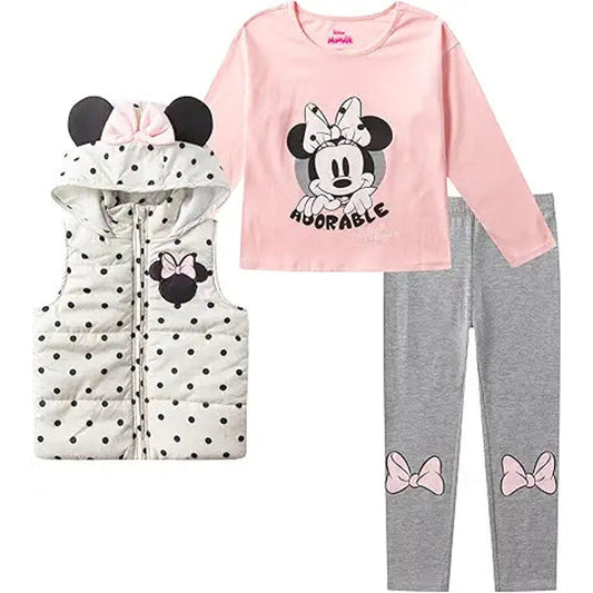 Disney Princess Minnie Mouse Frozen Elsa Anna Girls Long Sleeve Shirt, Vest and Legging Pa