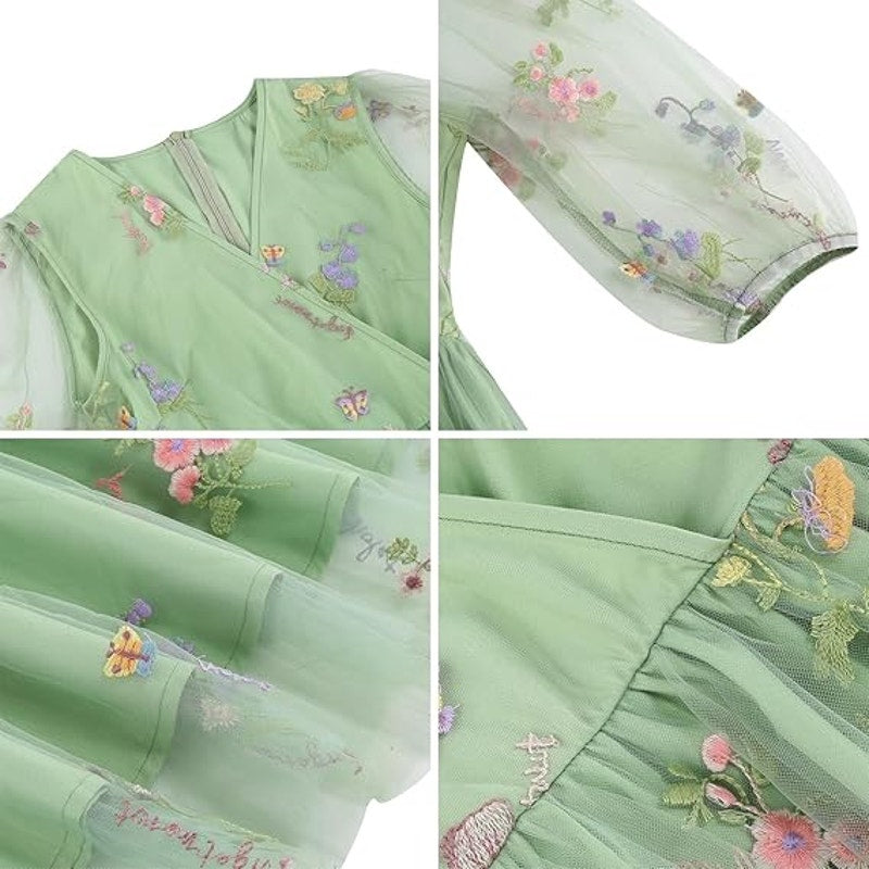 Half Sleeve Floral Embroidered Dress for Women Flower Embroidery Tulle Prom Dress Wrap V N