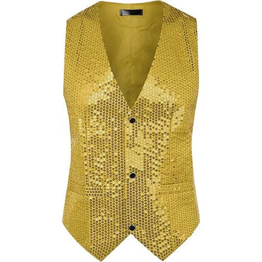 Lars Amadeus Shiny Golden Sequin Vest for Men's V-Neck Party Sleeveless Suit Waistcoat Lar