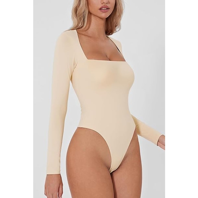 QINSEN Bodysuit Shirts for Women Square Neck Long Sleeve Shirt Double Lined Tops Marzipan