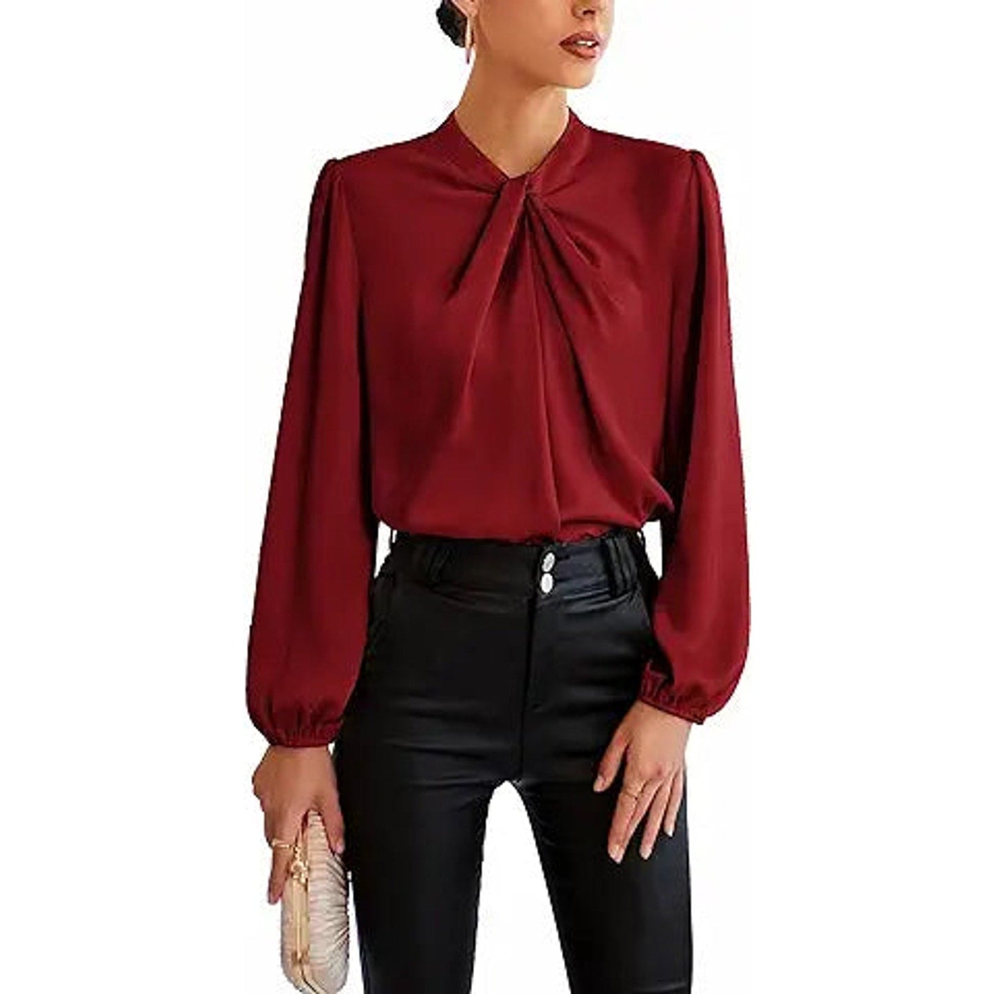 Ladies Workwear 2023 Trendy Summer Fall Mock Neck Lantern Long Sleeve Blouse Shirt Twist F