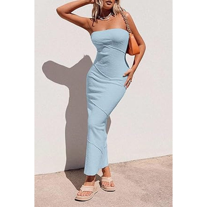 PRETTYGARDEN Women's Ribbed Maxi Bodycon Dress Summer Strapless Tube Y2K Party Club Long D