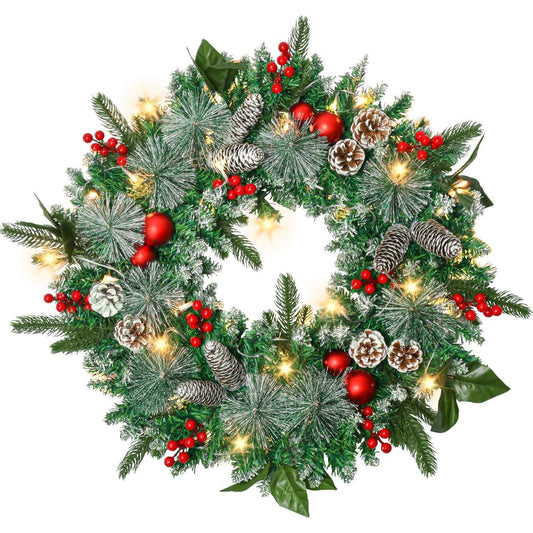 24in Christmas Wreath with Lights, Pine Cone Wreath Lighted Christmas Wreaths Winter Wreath with Pine Cones, Berries Ball Ornaments and Pine Branch for Door Window Mantle Christmas Decoration Wreaths