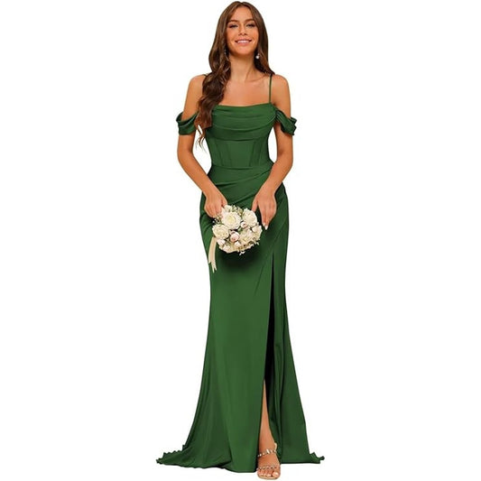 Pleated Satin Mermaid Bridesmaid Dresses with Slit Off Shoulder Long Formal Dress
