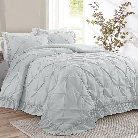 HOMBYS 128x120 Oversized King Comforter Set, 3 Piece Ultra Soft Pinch Pleat Bedding Sets for Bed, Gray Pintuck Down Alternative with Ruffles All Season(1 Comforter+2 Matching Shams), Light Grey