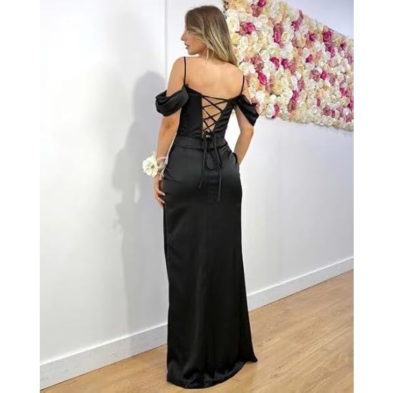 Pleated Satin Mermaid Bridesmaid Dresses with Slit Off Shoulder Long Formal Dress