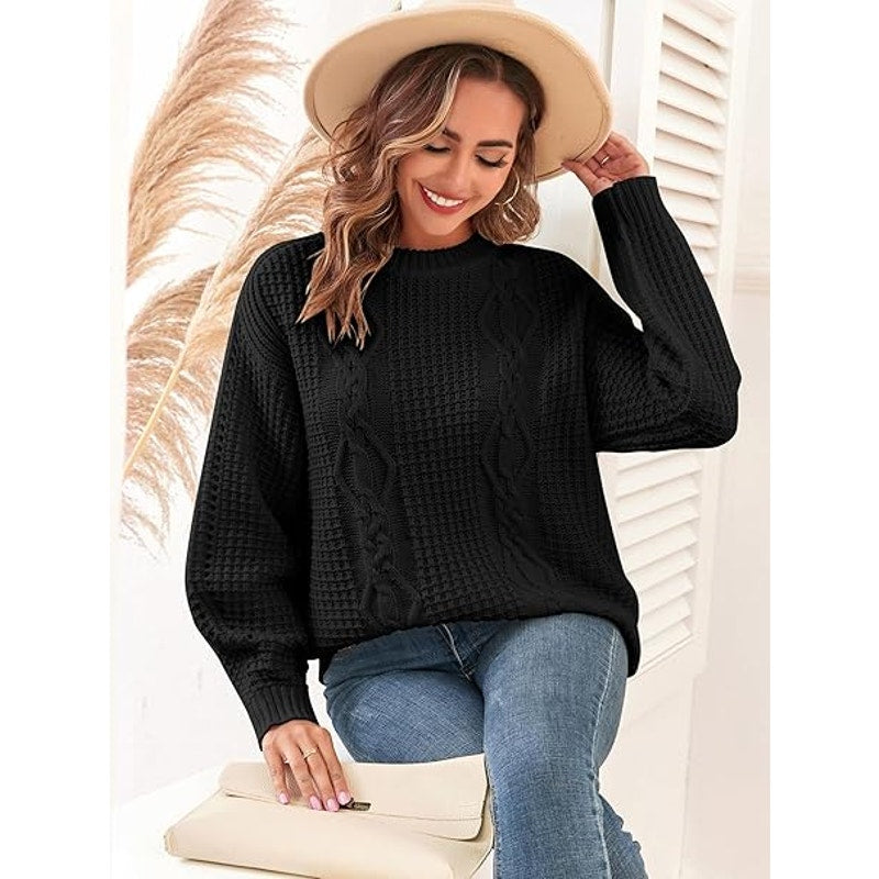 Womens Sweater Cable Knit Oversized Sweaters Crewneck Long Sleeves Casual Knit Pullo